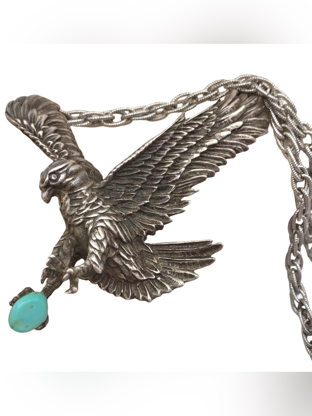Vintage Sterling Silver Eagle Turquoise Pendant, 19 Inch Silver Tone Chain